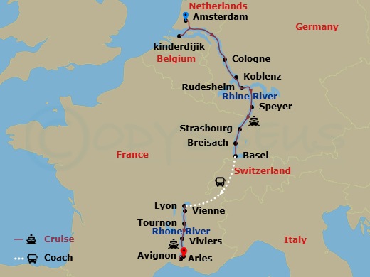 Viking Einar - 14 Night - Lyon, Provence & the Rhineland - Viking Einar - Starting in Amsterdam, Kinderdijk, Scenic Sailing Waal and Merwede, Cologne, Koblenz, Middle Rhine.. itinerary map