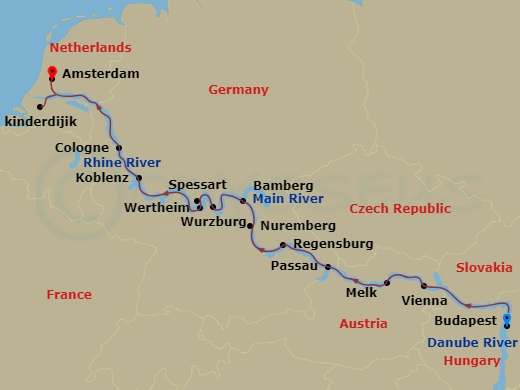 14 Night - Grand European Tour - Viking Lif - Starting in Budapest, Vienna, Scenic Sailing Wachau Valley, Melk, Passau, Regensburg, Main-Danube Canal, Nuremberg, Bamberg, Wurzburg, Wertheim, Scenic Sailing Main River, Middle Rhine Scenic Sailing, Koblenz, Cologne, Scenic Sailing Waal and Merwede, Kinderdijk, Amsterdam itinerary map