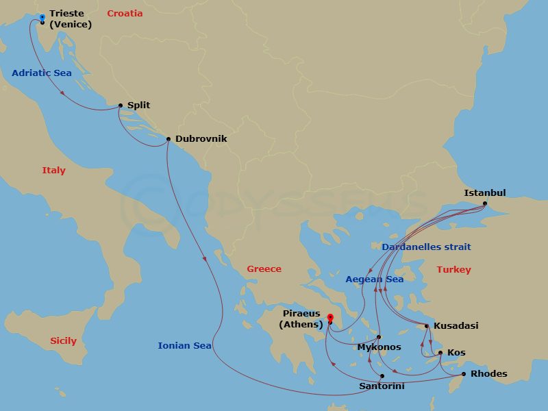HAL Oosterdam - 21 Night - Dubrovnik, Istanbul & Greek Isles - HAL Oosterdam - Starting in Trieste (Venice), Italy, Split, Croatia, Dubrovnik, Croatia, Thira (Santorini), Gre.. itinerary map