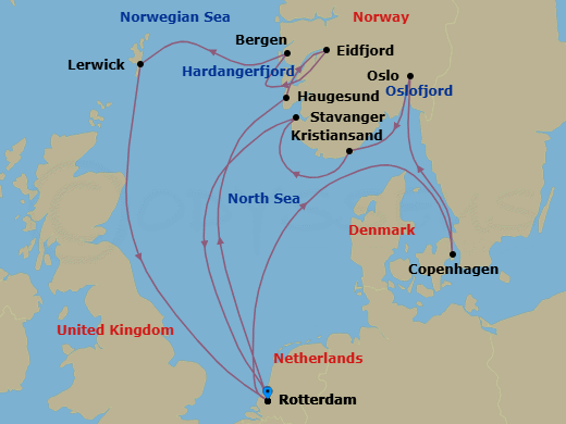 14 Night - Norwegian Fjords with Scotland & Copenhagen - Rotterdam - Starting in Rotterdam, the Netherlands, Haugesund, Norway, Eidfjord, Norway, Scenic cruising Hardangerfjord, Bergen, Norway, Lerwick, Shetland Islands, United Kingdom, Rotterdam, the Netherlands, Copenhagen, Denmark, Scenic cruising Oslofjord, Oslo, Norway, Kristiansand, Norway, Stavanger, Norway, Rotterdam, the Netherlands itinerary map