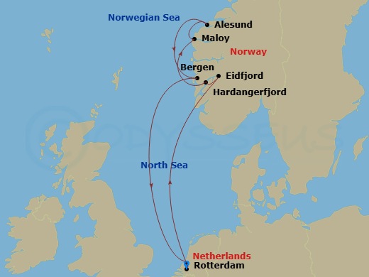 HAL Rotterdam - 7 Night - Norwegian Fjords & Hardangerfjord - HAL Rotterdam - Starting in Rotterdam, the Netherlands, Eidfjord, Norway, Scenic cruising Hardangerfjord, Maloy,.. itinerary map
