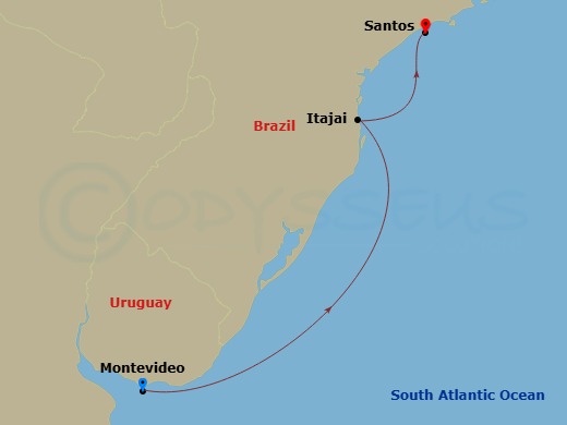 Costa Diadema - 3 Night - South America from Montevideo to Santos - Costa Diadema - Starting in Montevideo, Uruguay, Itajai, Brazil, Santos, Brazil itinerary map