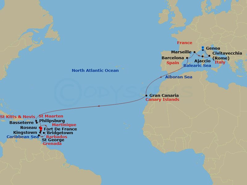 MSC Seaview - 21 Night - Msc Grand Voyages - MSC Seaview - Starting in Genoa (Portofino), Italy, Civitavecchia (Rome), Italy, Ajaccio (Corsica), France, Marseille (Provence.. itinerary map
