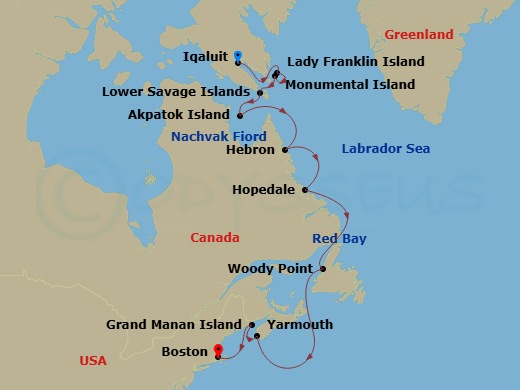 Silver Wind - 13 Night - Iqaluit to Boston Massachusetts - Silver Wind - Starting in Iqaluit, Nunavut, Lady Franklin Island, Monumental Island, Lower Savage Islands, Akpato.. itinerary map