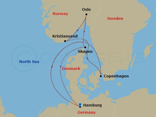 MSC Preziosa - 7 Night - Northern Europe - MSC Preziosa - Starting in Hamburg, Germany, Copenhagen, Denmark, Kristiansand, Norway, Oslo, Norway, Skagen, Denmark, Hamburg Cru.. itinerary map