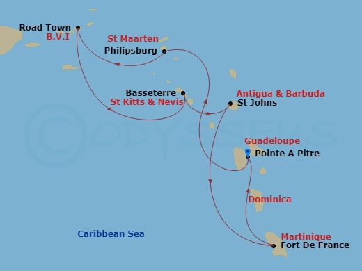 MSC Virtuosa - 7 Night - Ptp - MSC Virtuosa - Starting in Pointe-A-Pitre, Guadeloupe, Philipsburg, St Maarten, Road Town (Tortola), British Virgin Islands, Basseterre, St Ki.. itinerary map