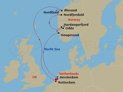 HAL Nieuw Statendam - 7 Night - Norwegian Fjords & Hidden Gems - HAL Nieuw Statendam - Starting in Amsterdam, the Netherlands, Haugesund, Norway, Odda, Norway, Scenic cruising Hard.. itinerary map