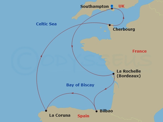 7 Night - Northern Europe - MSC Virtuosa - Starting in Southampton (London), United Kingdom, La Rochelle, France, Bilbao, La Coruna (Santiago De Compostela), Spain, Cherbourg (Mont Saint-Michel), France, Southampton (London), United Kingdom itinerary map
