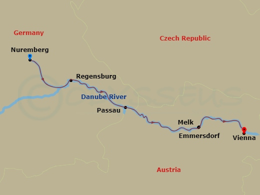 MS Amadeus Riva - 6 Night - Magic of Advent On the Danube - MS Amadeus Riva - Starting in Nuremberg, Regensburg, Passau, Melk / Emmersdorf, Vienna itinerary map