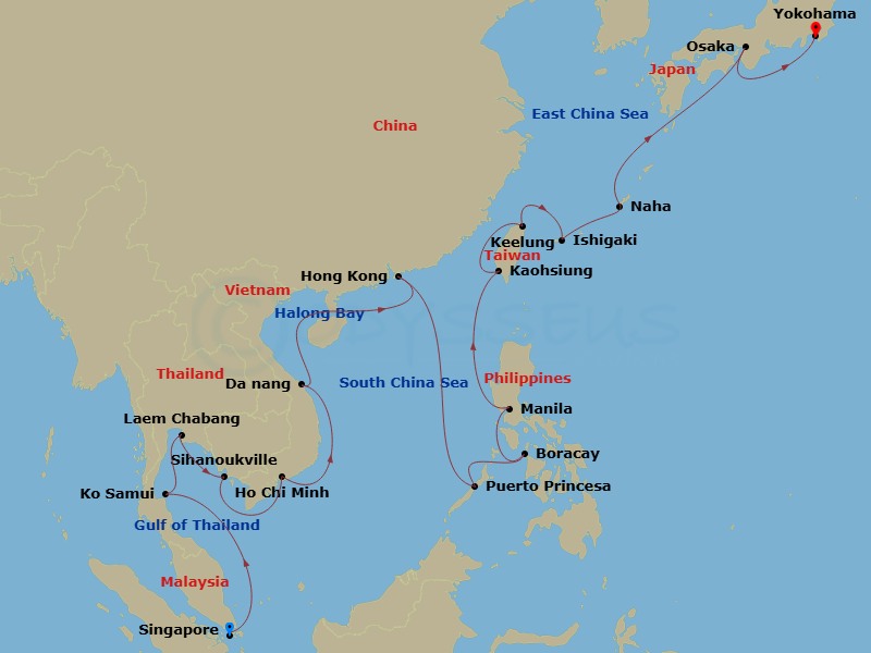 HAL Westerdam - 28 Night - Far East, Japan & the Philippines Collector - HAL Westerdam - Starting in Singapore, Nathon (Koh Samui), Thailand, Laem Chabang (Bangkok), Thailand.. itinerary map