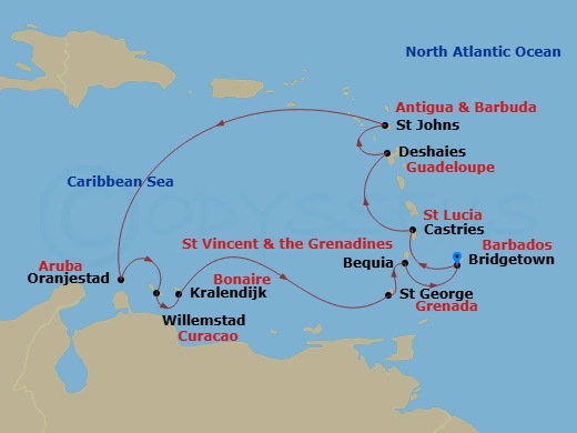 Silver Spirit - 11 Night - Bridgetown to Bridgetown - Silver Spirit - Starting in Bridgetown, Castries, St Lucia, Deshaies, St Johns, Oranjestad, Aruba, Willemstad AN, Curaca.. itinerary map