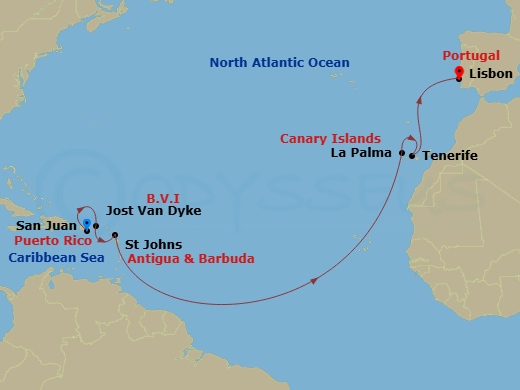 Silver Shadow - 14 Night - San Juan to Lisbon - Silver Shadow - Starting in San Juan, Jost Van Dyke, British Virgin Islands, St Johns AG, Santa Cruz de La Palma, Santa Cruz d.. itinerary map