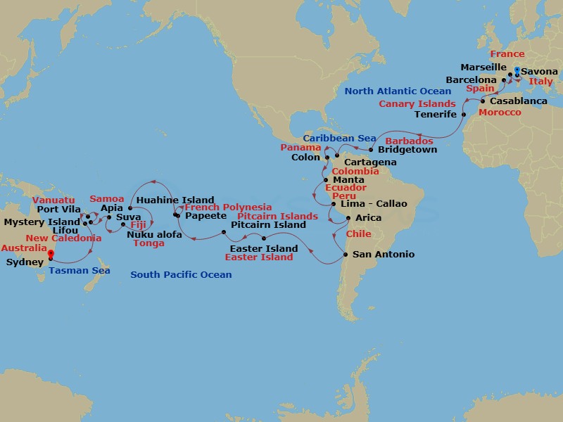 Costa Deliziosa - 58 Night - Round World from Savona - Costa Deliziosa - Starting in Savona, Marseille, Barcelona, Casablanca, Santa Cruz de Tenerife, Bridgetown, Barbados, Car.. itinerary map