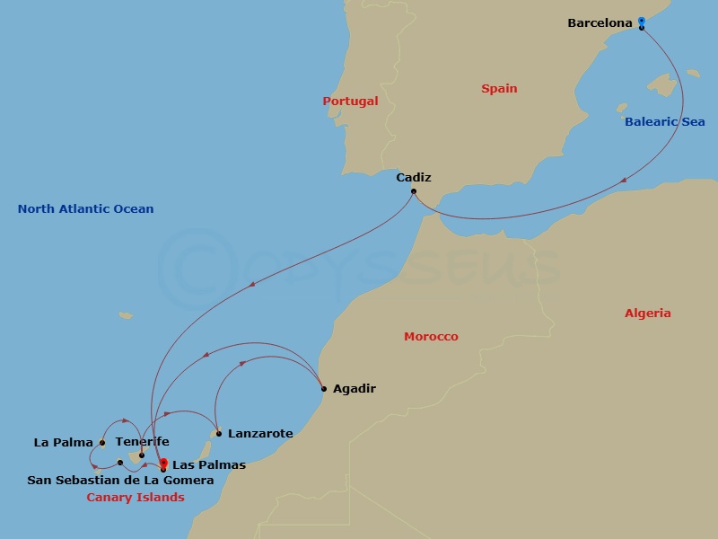 Costa Fortuna - 11 Night - Western Mediterranean from Barcelona - Costa Fortuna - Starting in Barcelona, Cadice, Las Palmas, San Sebastian de la Gomera, Santa Cruz de La Palm.. itinerary map