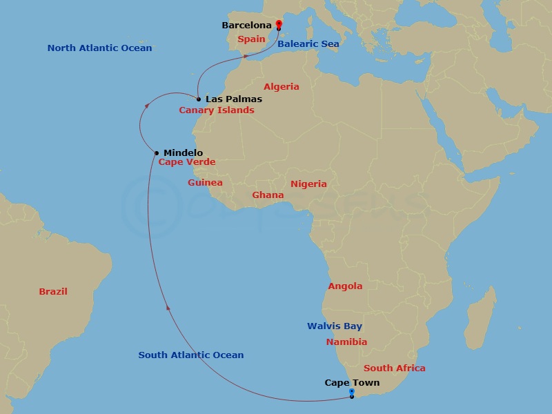 Costa Deliziosa - 17 Night - Round World from Cape Town - Costa Deliziosa - Starting in Cape Town, Walvis Bay, St Vincent / Cape Verde / Mindelo, Las Palmas, Barcelona itinerary map
