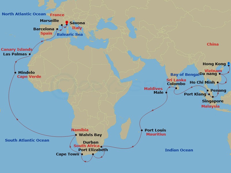 Costa Deliziosa - 48 Night - Round World from Hongkong - Costa Deliziosa - Starting in Hong Kong, Danang, Phu My, Vietnam, Singapore, Port Kelang, Penang, Malaysia, Colombo, Ma.. itinerary map