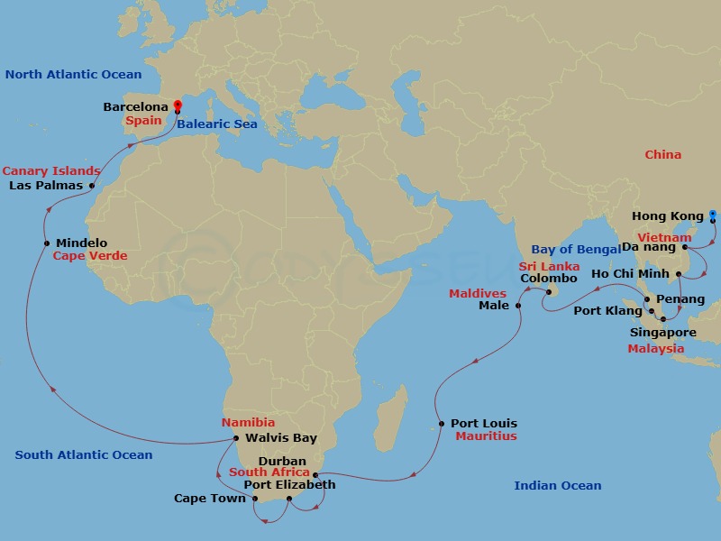 Costa Deliziosa - 46 Night - Round World from Hongkong - Costa Deliziosa - Starting in Hong Kong, Danang, Phu My, Vietnam, Singapore, Port Kelang, Penang, Malaysia, Colombo, Ma.. itinerary map