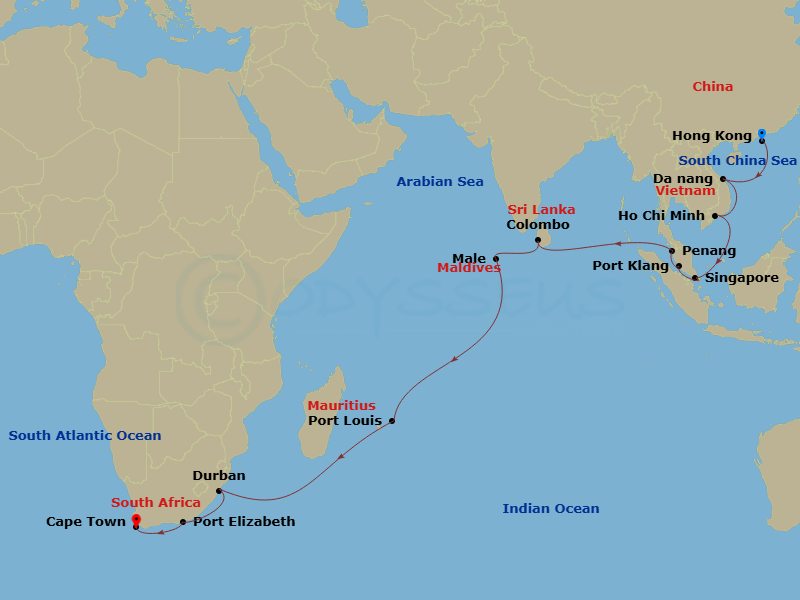 Costa Deliziosa - 29 Night - Round World from Hongkong - Costa Deliziosa - Starting in Hong Kong, Danang, Phu My, Vietnam, Singapore, Port Kelang, Penang, Malaysia, Colombo, Ma.. itinerary map