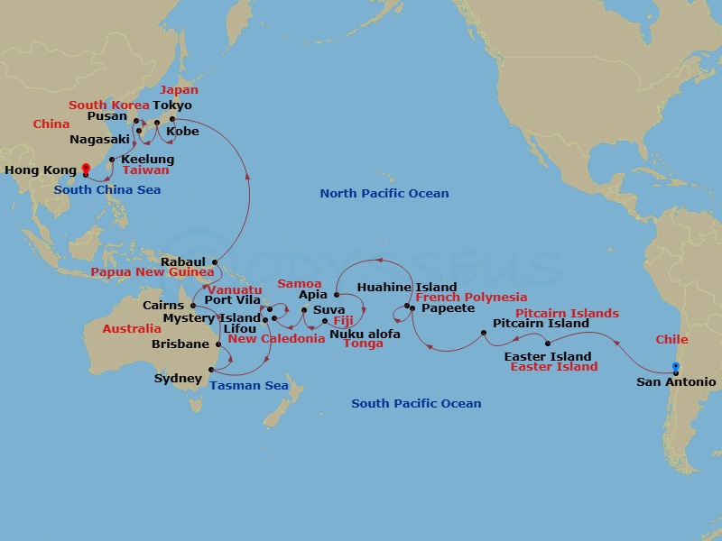 Costa Deliziosa - 56 Night - Round World from San Antonio (Santiago) Chile - Costa Deliziosa - Starting in San Antonio CL (Santiago), Chile, Easter Island, Pitcairn Island, Pap.. itinerary map