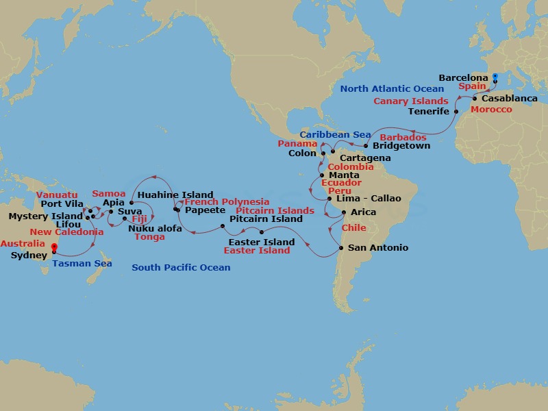 Costa Deliziosa - 56 Night - Round World from Barcelona - Costa Deliziosa - Starting in Barcelona, Casablanca, Santa Cruz de Tenerife, Bridgetown, Barbados, Cartagena CO, Colom.. itinerary map