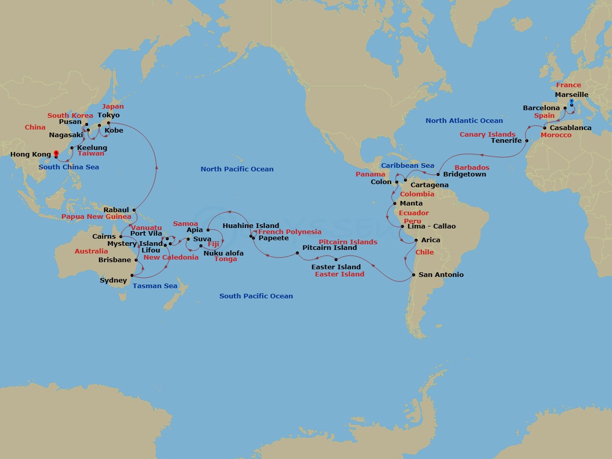 Costa Deliziosa - 83 Night - Round World from Marseille - Costa Deliziosa - Starting in Marseille, Barcelona, Casablanca, Santa Cruz de Tenerife, Bridgetown, Barbados, Cartagen.. itinerary map