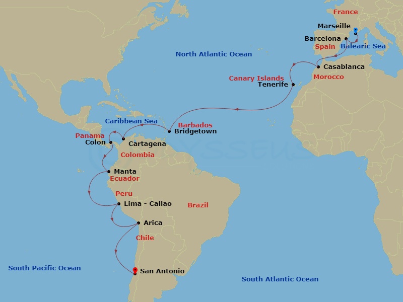 Costa Deliziosa - 27 Night - Round World from Marseille - Costa Deliziosa - Starting in Marseille, Barcelona, Casablanca, Santa Cruz de Tenerife, Bridgetown, Barbados, Cartagen.. itinerary map