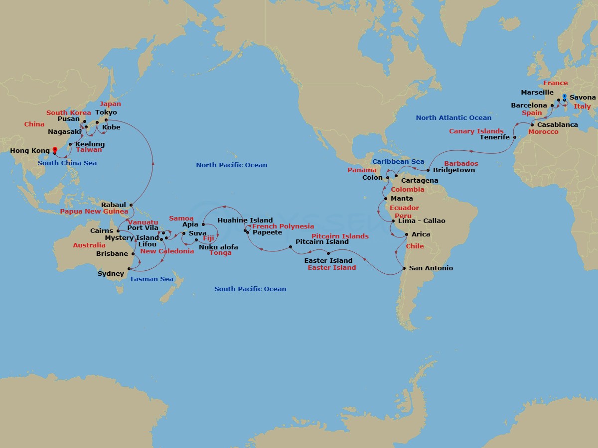 Costa Deliziosa - 84 Night - Round World from Savona - Costa Deliziosa - Starting in Savona, Marseille, Barcelona, Casablanca, Santa Cruz de Tenerife, Bridgetown, Barbados, Car.. itinerary map