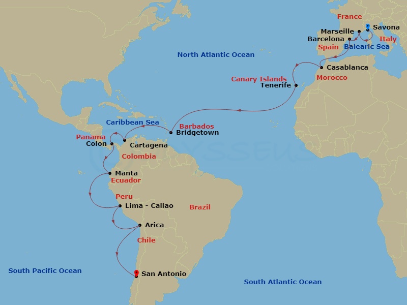 Costa Deliziosa - 28 Night - Round World from Savona - Costa Deliziosa - Starting in Savona, Marseille, Barcelona, Casablanca, Santa Cruz de Tenerife, Bridgetown, Barbados, Car.. itinerary map