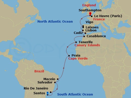 Costa Diadema - 22 Night - Transatlantic from Santos - Costa Diadema - Starting in Santos, Rio De Janeiro, Salvador Bahia, Maceio, Praia, Santa Cruz de Tenerife, Casablanca,.. itinerary map