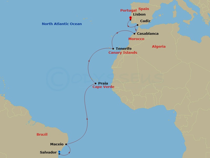 Costa Diadema - 13 Night - Transatlantic from Salvador Bahia - Costa Diadema - Starting in Salvador Bahia, Maceio, Praia, Santa Cruz de Tenerife, Casablanca, Cadice, Lisbon itinerary map