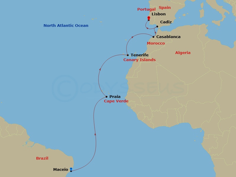 Costa Diadema - 12 Night - Transatlantic from Maceio - Costa Diadema - Starting in Maceio, Praia, Santa Cruz de Tenerife, Casablanca, Cadice, Lisbon itinerary map