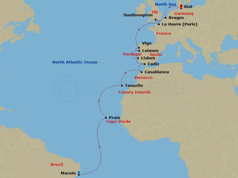 Costa Diadema - 21 Night - Transatlantic from Maceio - Costa Diadema - Starting in Maceio, Praia, Santa Cruz de Tenerife, Casablanca, Cadice, Lisbon, Leixoes, Vigo, Le Havre,.. itinerary map