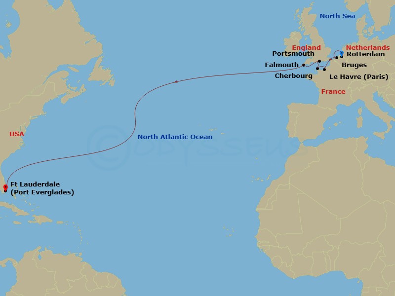 HAL Nieuw Statendam - 15 Night - Cultural Crossing with England & Normandy - HAL Nieuw Statendam - Starting in Rotterdam, the Netherlands, Zeebrugge (Brussels), Belgium, Le Havre (.. itinerary map