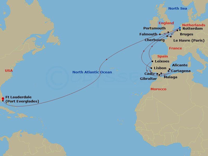 HAL Nieuw Statendam - 29 Night - Atlantic Treasures & Cultural Crossing - HAL Nieuw Statendam - Starting in Rotterdam, the Netherlands, Lisbon, Portugal, Cadiz (Seville), Spain, Ma.. itinerary map
