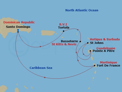 Costa Fascinosa - 7 Night - Western Caribbean from Santo Domingo - Costa Fascinosa - Starting in Santo Domingo, Fort-de-France, St Johns AG, Antigua, Pointe-a-Pitre, Basseterre.. itinerary map