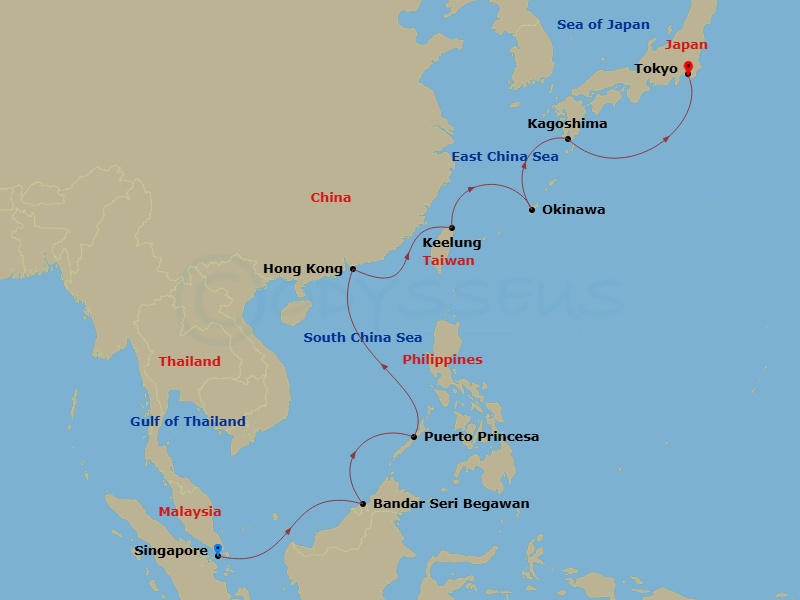 Costa Serena - 14 Night - Far East from Singapore - Costa Serena - Starting in Singapore, Bandar Seri Begawan, Brunei, Puerto Princesa, Hong Kong, Keelung, Taiwan, Okinawa (.. itinerary map