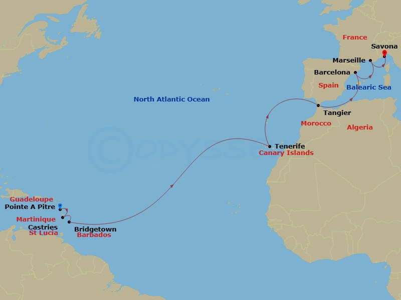 Costa Fascinosa - 15 Night - Transatlantic from Pointe a Pitre - Costa Fascinosa - Starting in Pointe-a-Pitre, St Lucia Castries, Bridgetown, Barbados, Santa Cruz de Tenerife,.. itinerary map