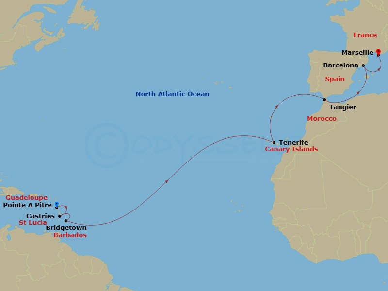 Costa Fascinosa - 14 Night - Transatlantic from Pointe a Pitre - Costa Fascinosa - Starting in Pointe-a-Pitre, St Lucia Castries, Bridgetown, Barbados, Santa Cruz de Tenerife,.. itinerary map