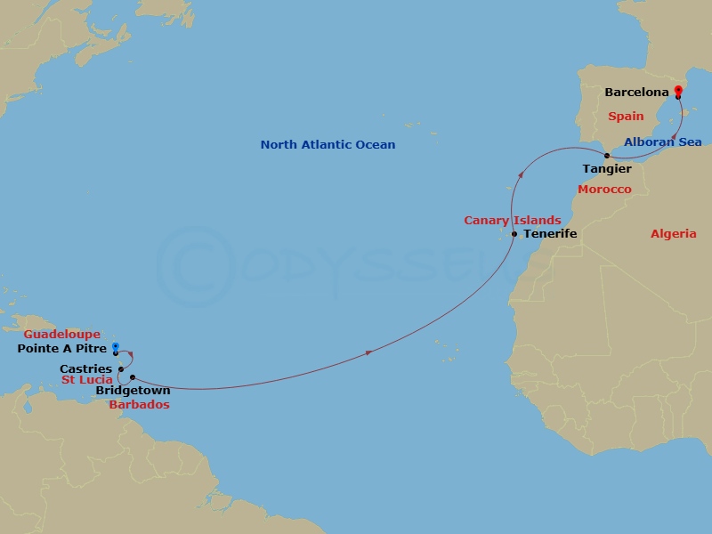 Costa Fascinosa - 13 Night - Transatlantic from Pointe a Pitre - Costa Fascinosa - Starting in Pointe-a-Pitre, St Lucia Castries, Bridgetown, Barbados, Santa Cruz de Tenerife,.. itinerary map