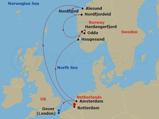 HAL Nieuw Statendam - 8 Night - Norwegian Fjords & Hidden Gems - HAL Nieuw Statendam - Starting in Dover UK (London), England, Amsterdam, the Netherlands, Haugesund, Norway, Odda,.. itinerary map