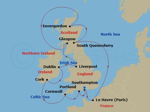 Majestic Princess - 12 Night - British Isles with France - Majestic Princess - Starting in Southampton (for London), England, Portland UK, Cornwall (Falmouth), England, Cork, Ire.. itinerary map