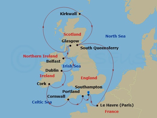 Majestic Princess - 12 Night - British Isles with France & Belfast - Majestic Princess - Starting in Southampton (for London), England, Portland UK, Cornwall (Falmouth), England,.. itinerary map