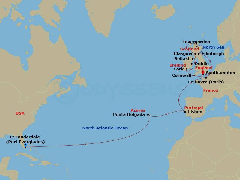 Majestic Princess - 25 Night - Western Europe & British Isles Grand Adventure - Majestic Princess - Starting in Fort Lauderdale, Florida, Azores Islands (Ponta Delgada), Portugal.. itinerary map