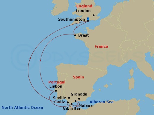 9 Night - Northern Europe - MSC Virtuosa - Starting in Southampton (London), United Kingdom, Brest, France, Lisbon (Cascais), Portugal, Gibraltar, Malaga (Granada), Spain, Cadiz (Seville), Spain, Southampton (London), United Kingdom itinerary map