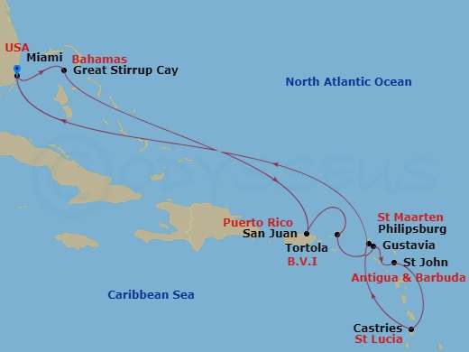 Seven Seas Grandeur - 11 Night - Leeward Islands Odyssey - Seven Seas Grandeur - Starting in Miami, Cruising the Atlantic Ocean, Puerto Plata, Dominican Republic, San Juan, Tortola.. itinerary map