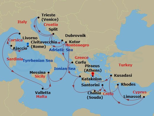 Enchanted Princess - 21 Night - The Best of the Mediterranean - Enchanted Princess - Starting in Civitavecchia (for Rome), Italy, Corsica (Ajaccio), France, Livorno (for Florence.. itinerary map