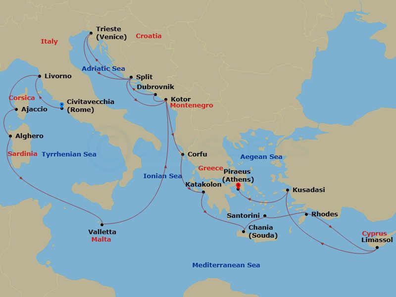 Enchanted Princess - 21 Night - The Best of the Mediterranean - Enchanted Princess - Starting in Civitavecchia (for Rome), Italy, Livorno (for Florence / Pisa), Italy, Corsica (Aj.. itinerary map