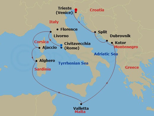 Enchanted Princess - 10 Night - Mediterranean with Italy & Croatia - Enchanted Princess - Starting in Civitavecchia (for Rome), Italy, Livorno (for Florence / Pisa), Italy, Corsic.. itinerary map