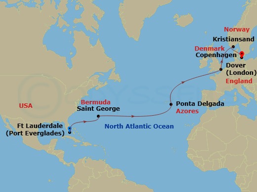 Caribbean Princess - 15 Night - Northern Europe Passage - Caribbean Princess - Starting in Fort Lauderdale, Florida, Bermuda, Azores Islands (Ponta Delgada), Portugal, Dover UK (f.. itinerary map