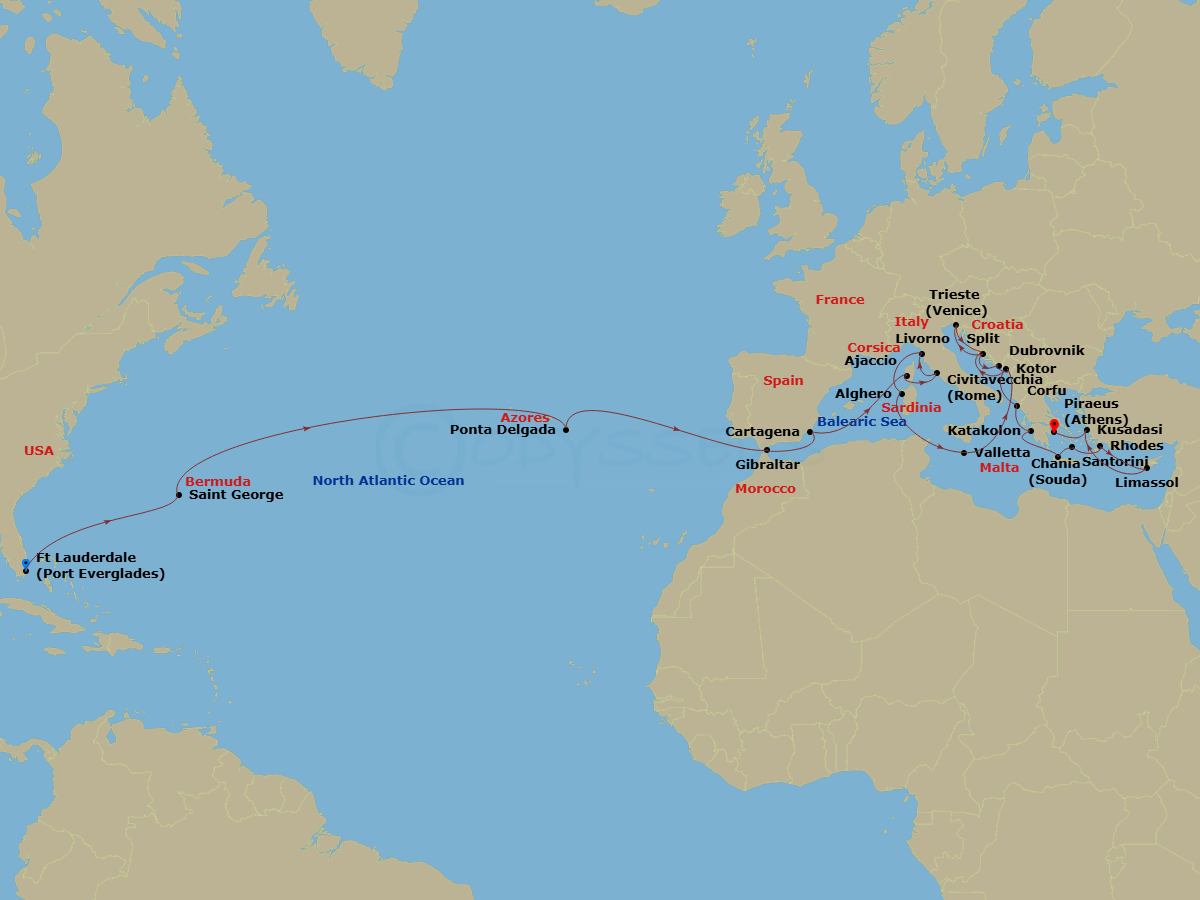 Enchanted Princess - 36 Night - Mediterranean & Aegean Grand Adventure - Enchanted Princess - Starting in Fort Lauderdale, Florida, Bermuda, Azores Islands (Ponta Delgada), Portug.. itinerary map